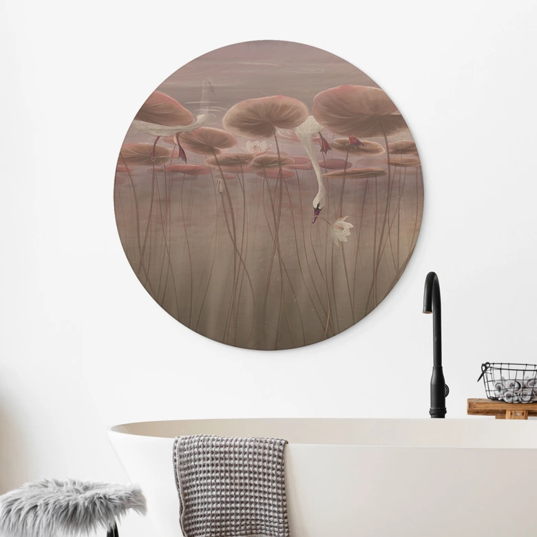 Holzbild Lotusblumen mit Schwan im Wasser in Altrosa - Ms Tiff - Rund 