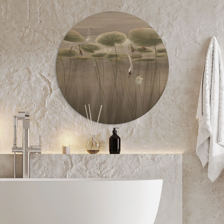 Holzbild Lotusblumen mit Schwan im Wasser in Grau - Ms Tiff - Rund 