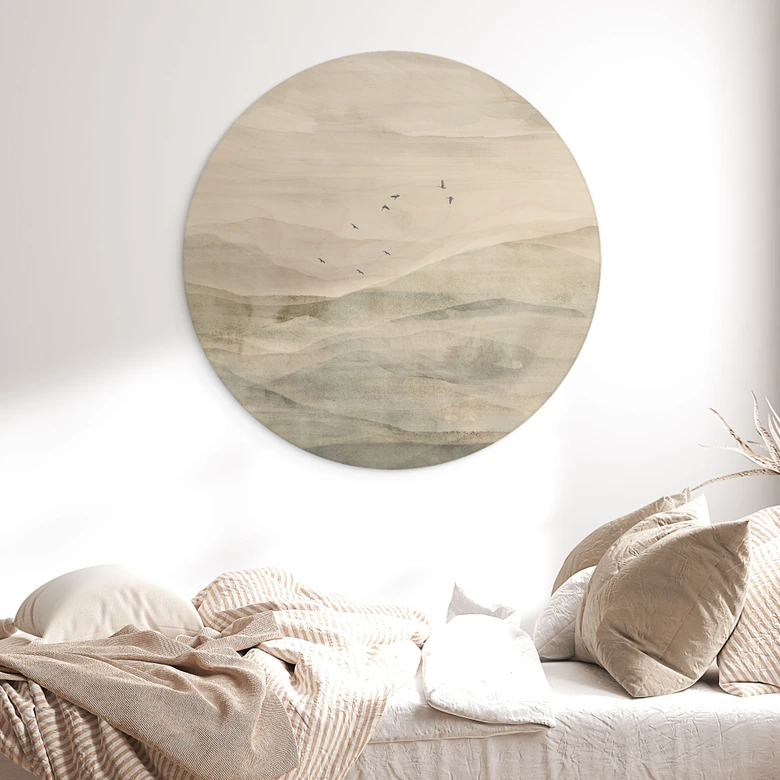 Holzbild Neblige Berglandschaft Aquarell - Ms Tiff - Rund 