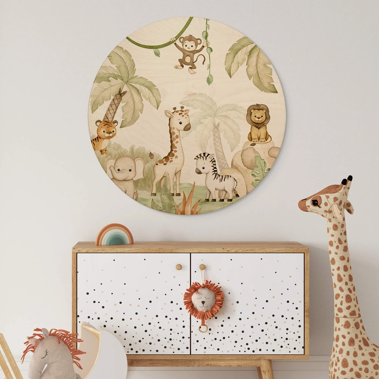 Holzbild Oliver Robins - Niedliche Tiere unter Palmen - Rund 