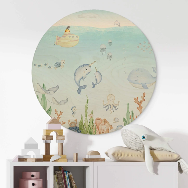 Holzbild Kinderzimmer - Niedliche Unterwasserwelt Rund - Oliver Robins 