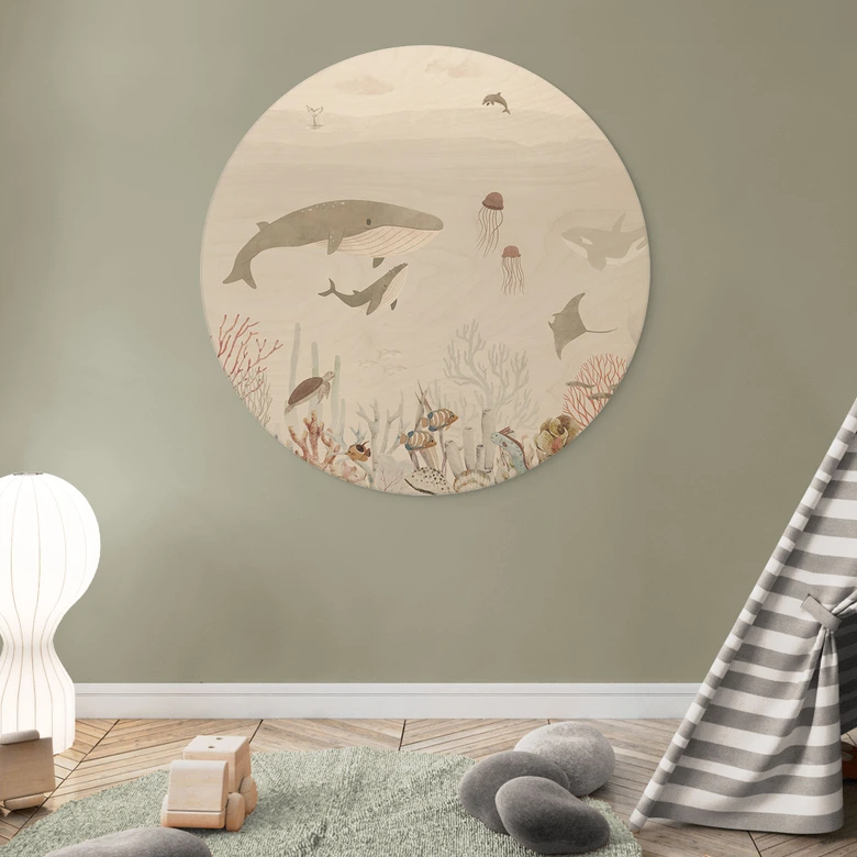 Tableau sur bois pour enfants - Baleines et leurs amis dans le monde sous-marin - Oliver Robins - Rond 