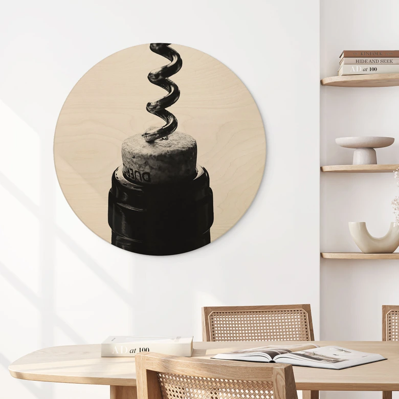 Wandcirkel Hout Wijn met kurkentrekker - Pictufy Studio 
