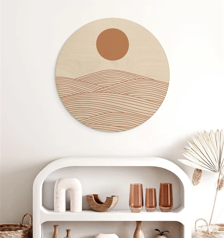 Holzbild Sonnenaufgang über der abstrakten Wüste - Playell - Rund 