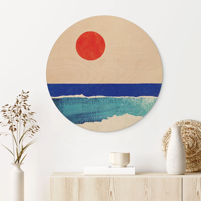 Holzbild Ruhiger Strand bei Sonnenuntergang - Rivers - Rund 