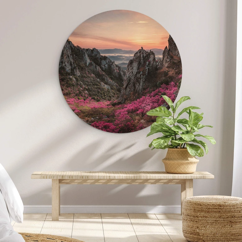 Holzbild Seo - Felsige Landschaft im Sonnenuntergang - Rund 