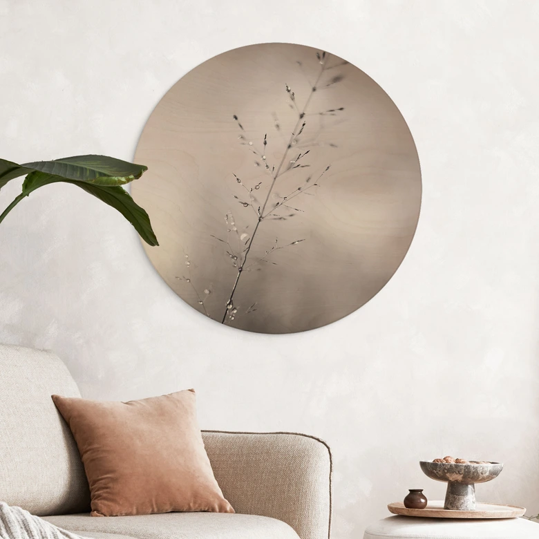 Obraz drewniany źdźbło trawy z kroplami rosy - Sillen - Okrągły 