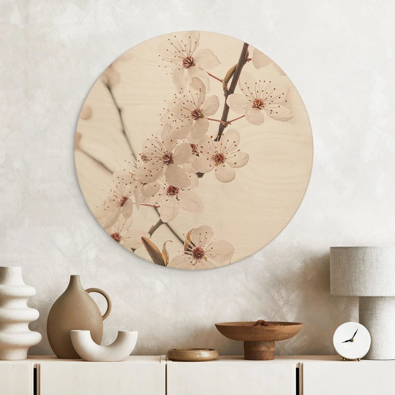 Tableau sur bois Branche avec fleurs de cerisier blanches - Sisi & Seb - Rond 