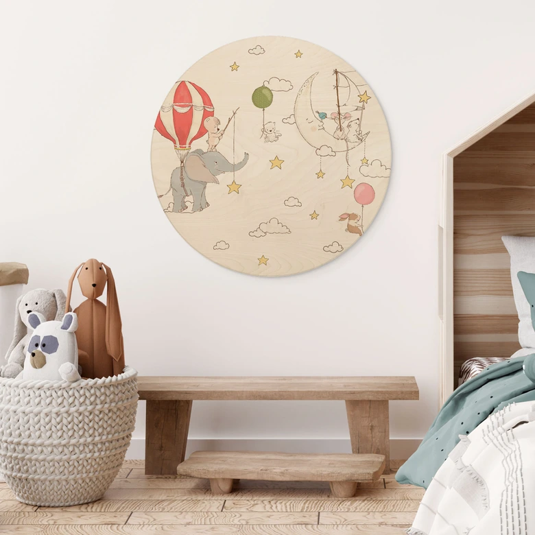 Cuadro de madera Animales voladores con globo aerostático - Skellern - Redondo 