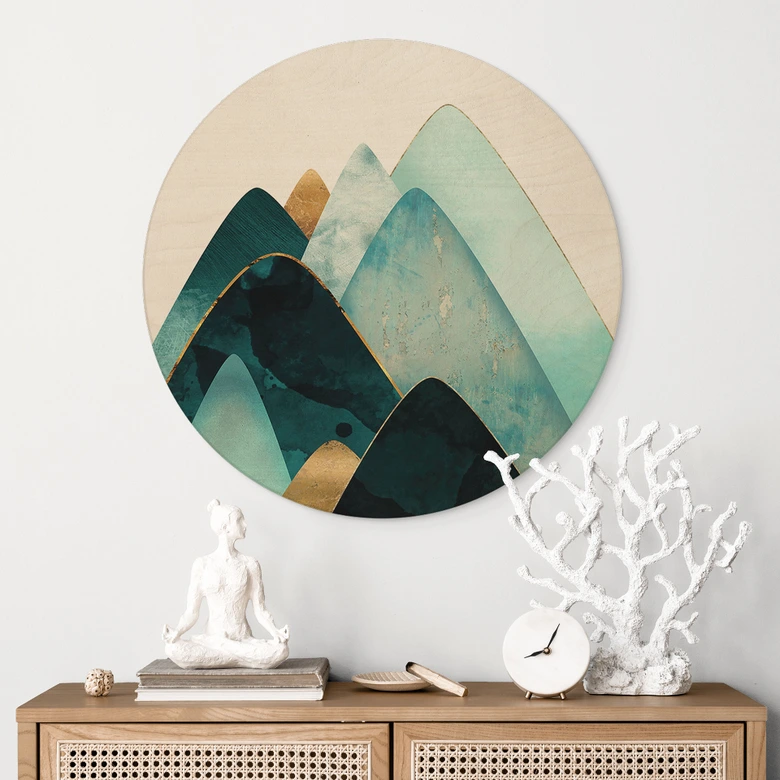 Holzbild Abstrakte Berge in Gold und Blau - SpaceFrog Designs - Rund 