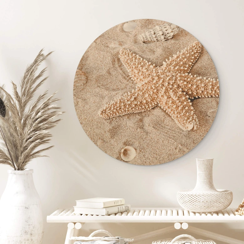 Holzbild Sternfisch im goldenen Strand - Rund 