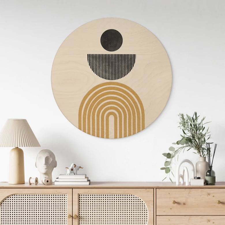 Tableau sur bois rond Composition abstraite avec cercle et demi-arc - The Miuus Studio 