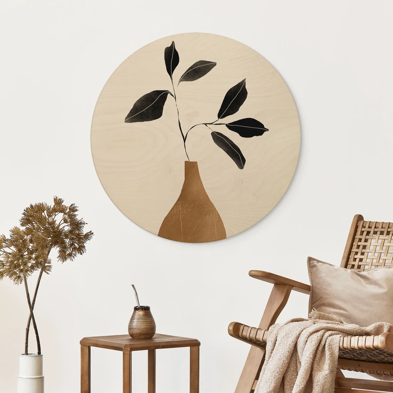 Trätavla med gren i gyllene vas - ThingDesign - Round 