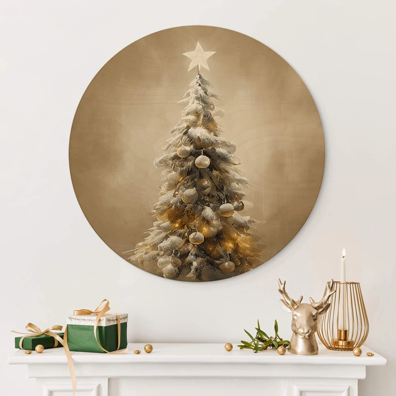 Holzbild Goldener Weihnachtsbaum - Treechild - Rund 