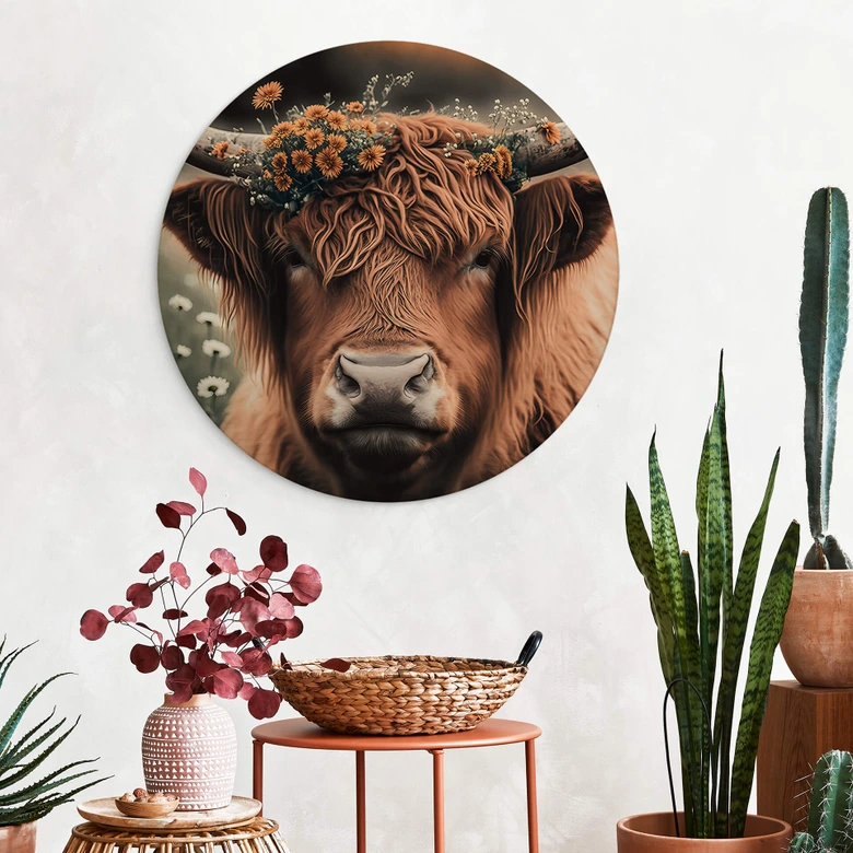 Tableau sur bois Treechild - Vache Highland avec couronne de fleurs - Rond 