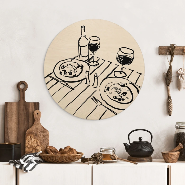 Holzbild Stillleben-Dinner mit Wein - Treechild - Rund 