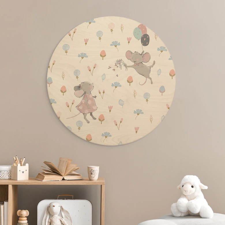 Obraz drewniany Małe myszki z balonami - UN Designs - Okrągły 