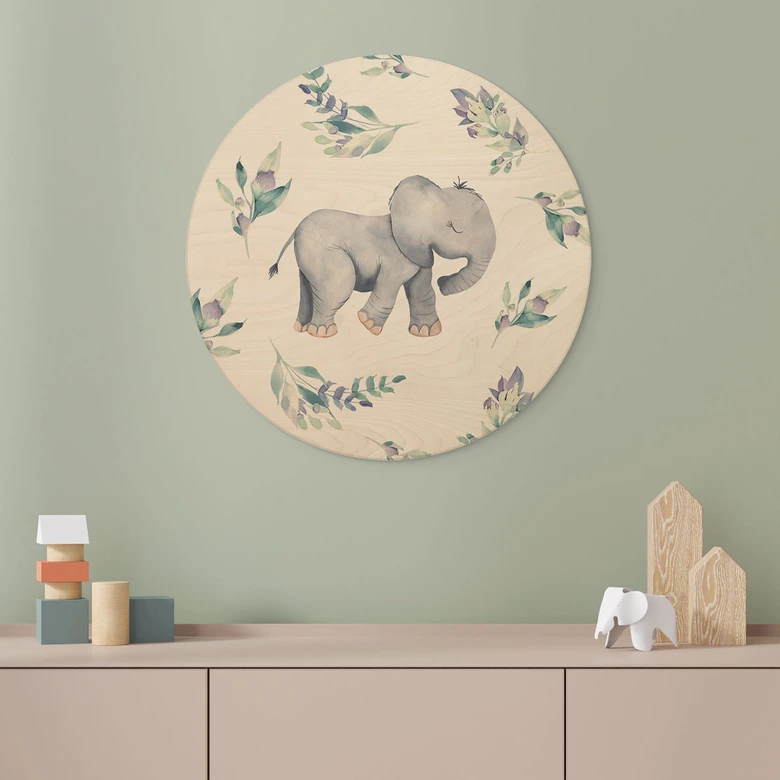 Cuadro de madera Lindo bebé elefante entre ramas boho - UN Designs -Ronda 