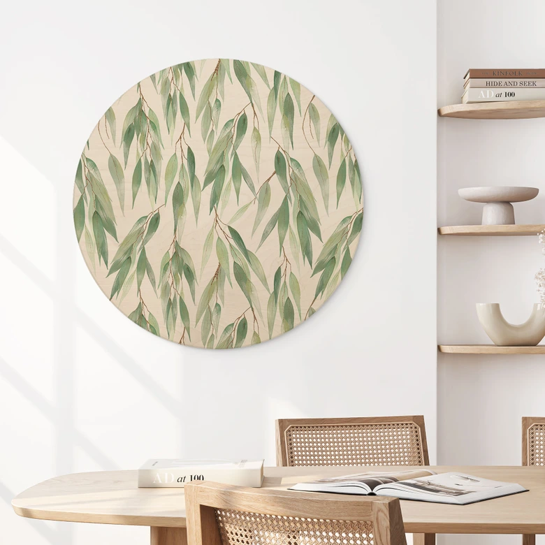 Holzbild Zweige mit grünen Blättern - UN Designs - Rund 