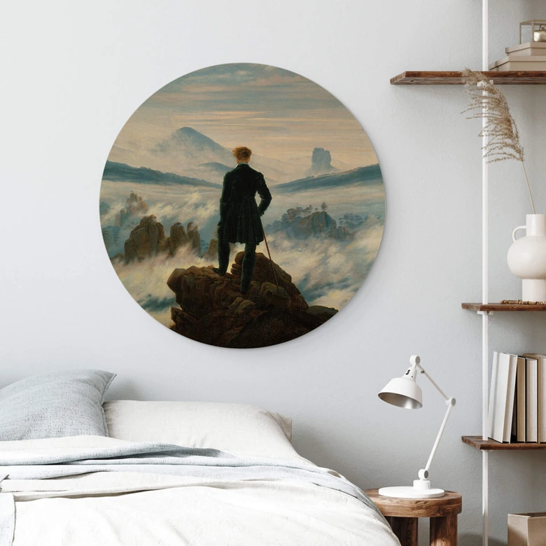 Tableau sur bois rond Friedrich - Le vagabond au-dessus de la mer de brouillard 
