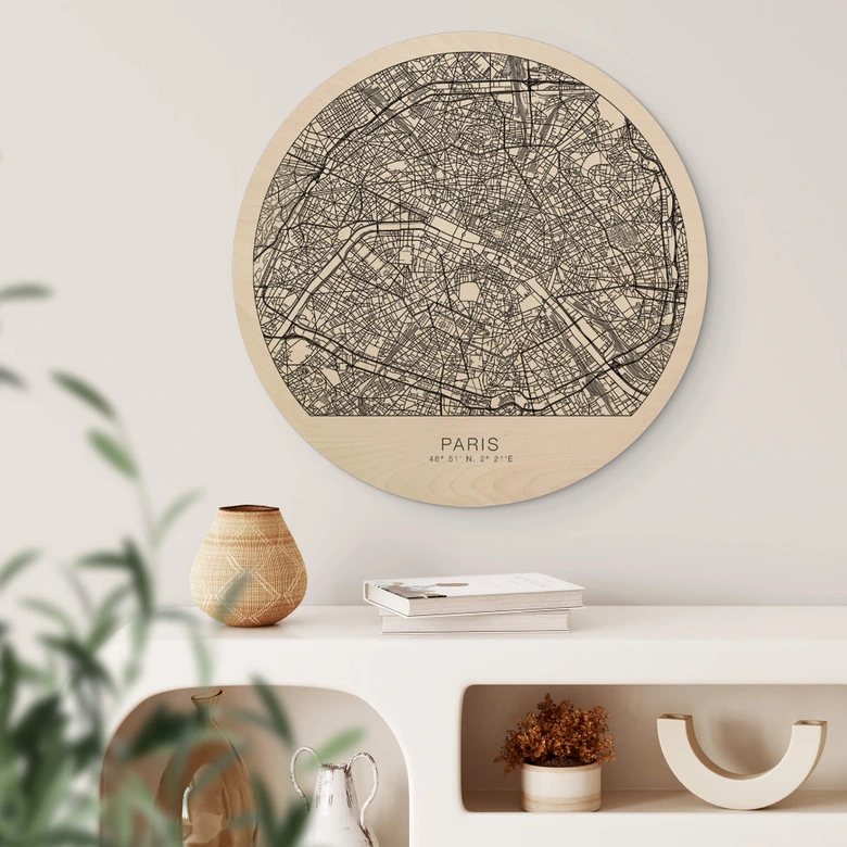 Tableau sur bois rond plan de Paris 