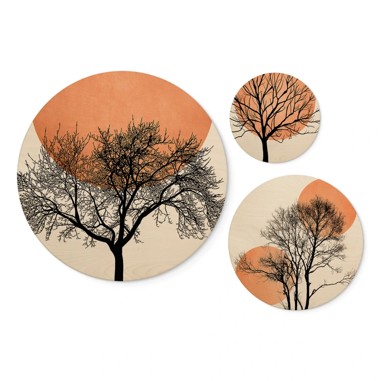 Holzbilder-Set Kubistika - Warmer Sonnenuntergang in Pfirsichfarben (3-teilig) - Rund 
