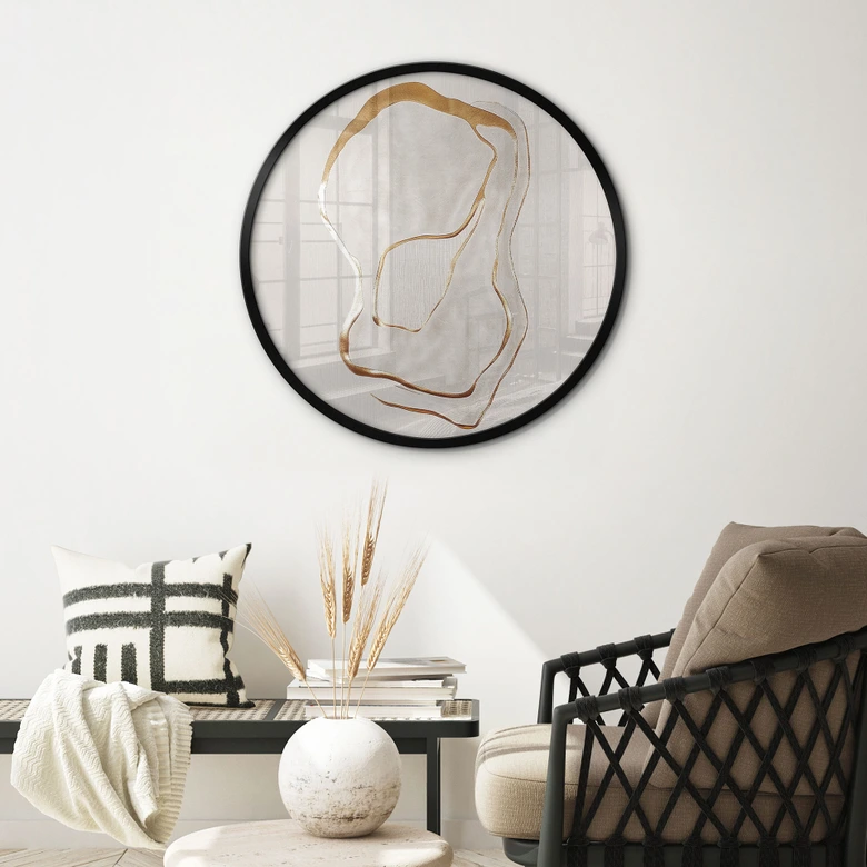Poster Abstrakte Line Art in Gold und Beige - Alma - Rund 