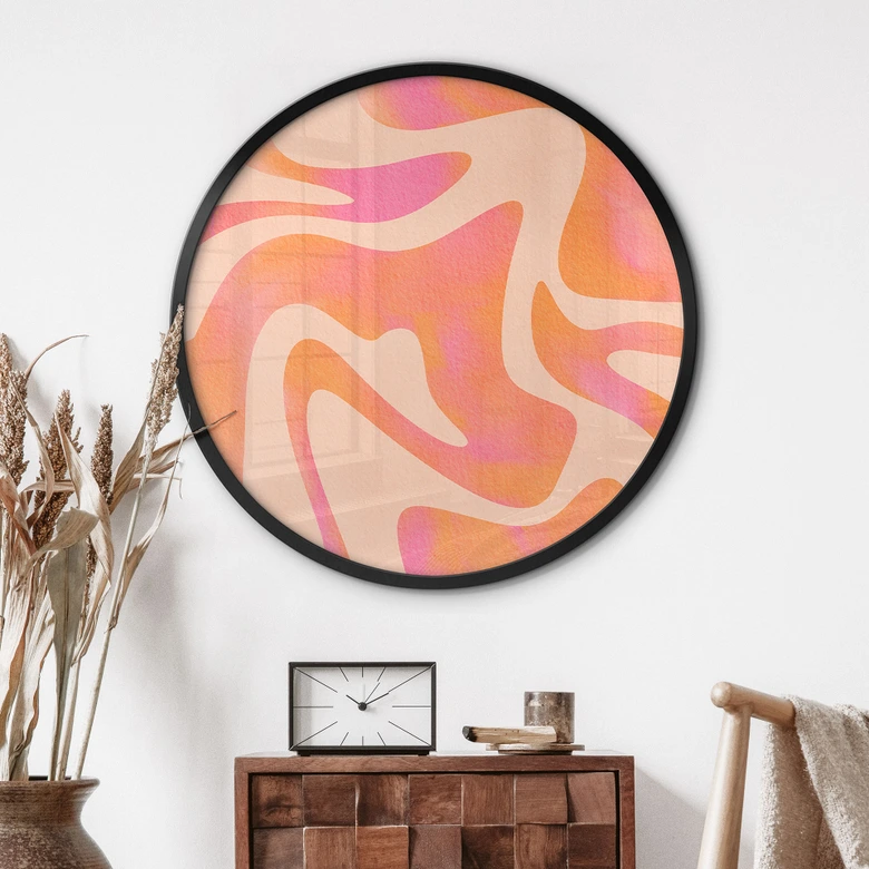 Poster Abstrakta vågor i orange-rosa - Bloom - Rund 
