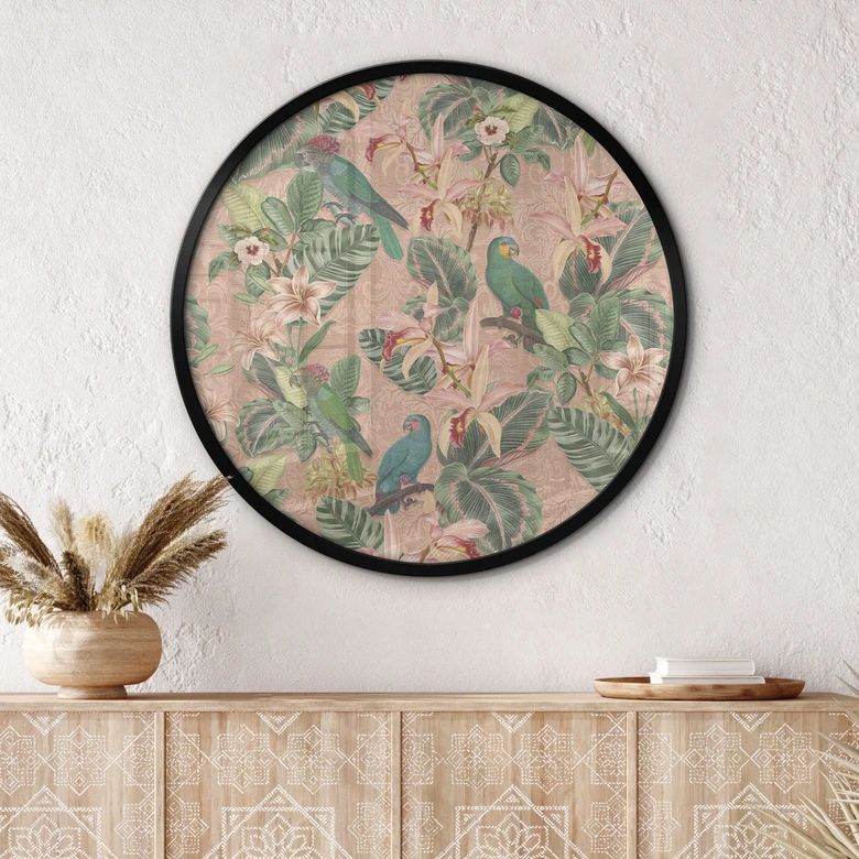 Poster Dschungel mit Papageien Rosa - Bloomery Decor - Rund 