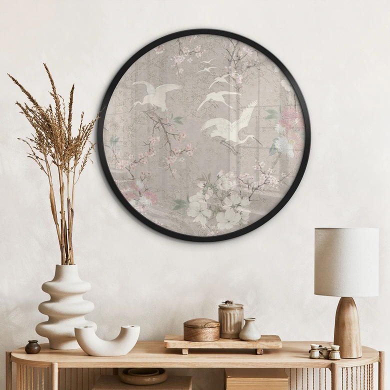 Poster Tranor i körsbärsblom Rush Beige - Blomstersmycke - Dekor - Rund 