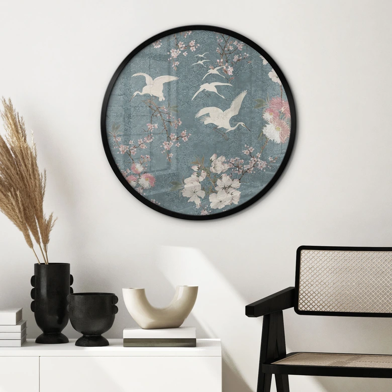 Poster Kraniche im Kirschblüten-Rausch Blau - Bloomery Decor - Rund 