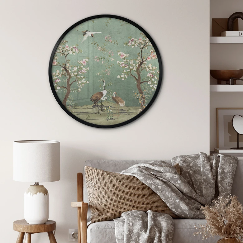 Poster Kraniche in floraler Landschaft - Bloomery Decor - Rund 