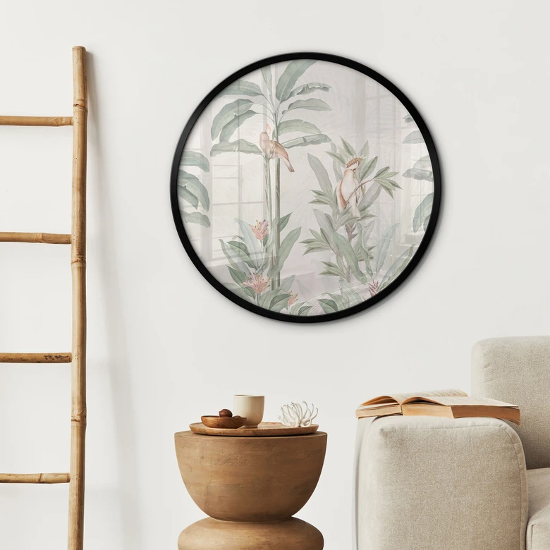 Poster Tropisk skog med kakaduor - Blomstersmycke - Rund 