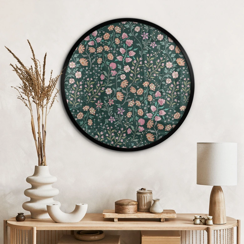 Poster Ängsblommor Vintage - Mörkgrön - Blomstersmycke - Dekor - Rund 