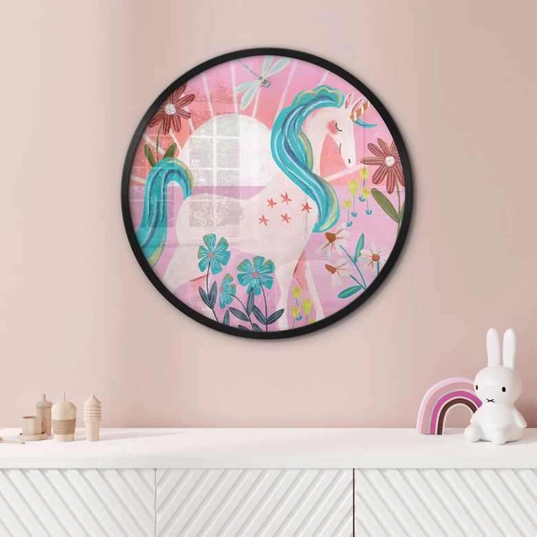 Poster Einhorn auf farbenfroher Blumenwiese - Bonne Müller - Rund 