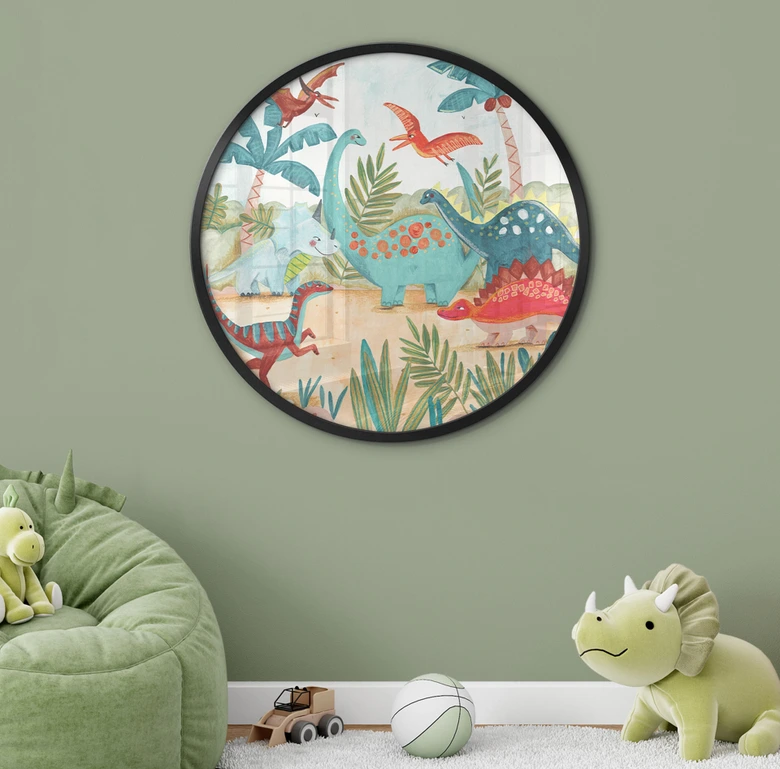 Kinderposter Farbenfrohe Dinosaurier im Urzeitwald - Bonne Müller - Rund 