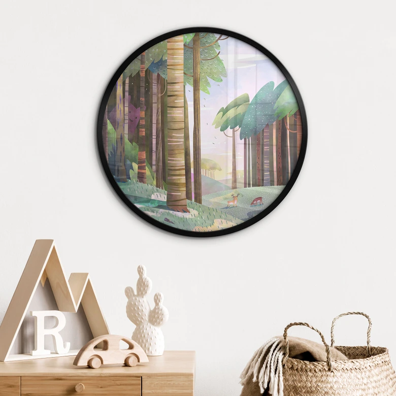 Poster Sonniger Wald mit Hirsch - DigitalArtsi - Rund 