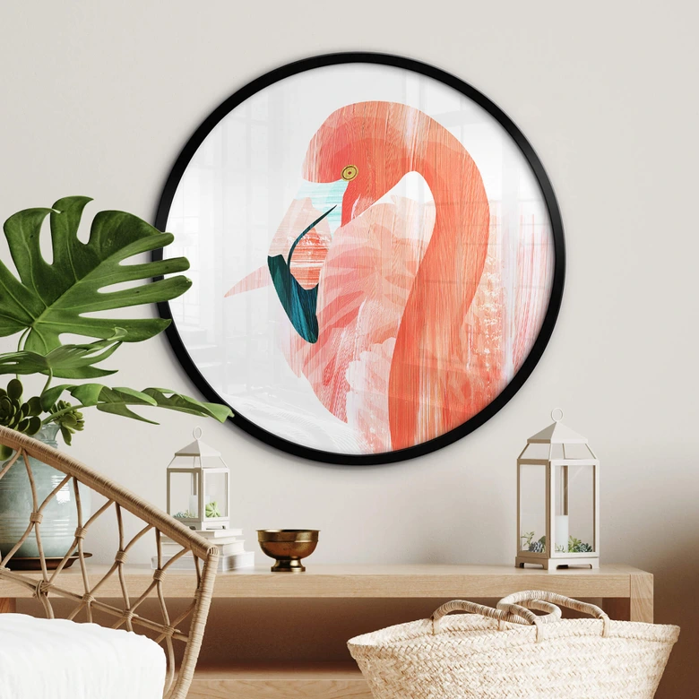 Poster Goed Blauw - Pink Flamingo - Rund 