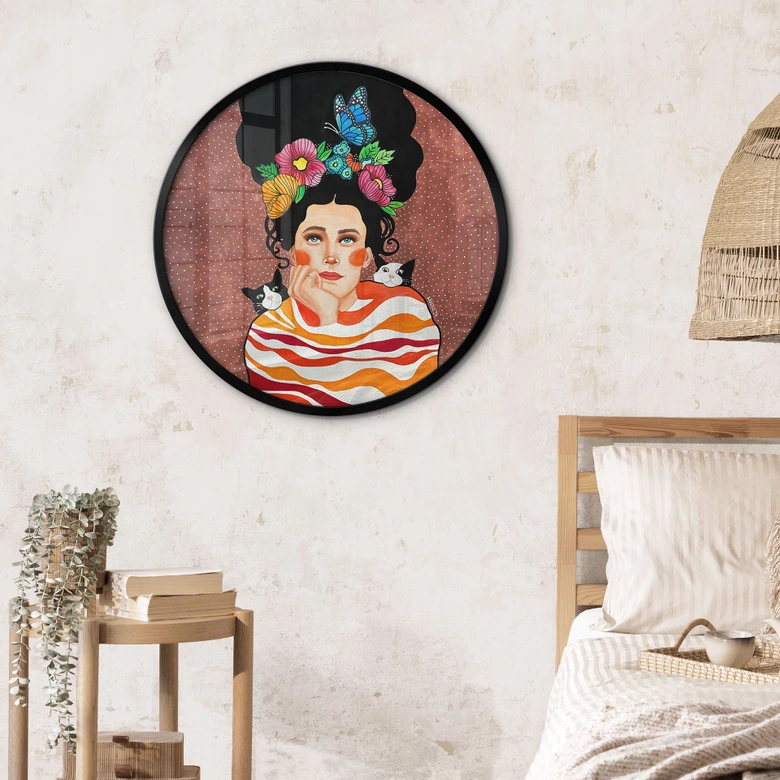 Plakat kvinde med blomsterkrone og katte - Hülya - Rund 