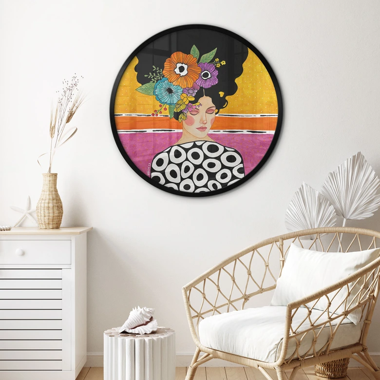 Poster Frau mit bunter Blumenkrone - Hülya - Rund 
