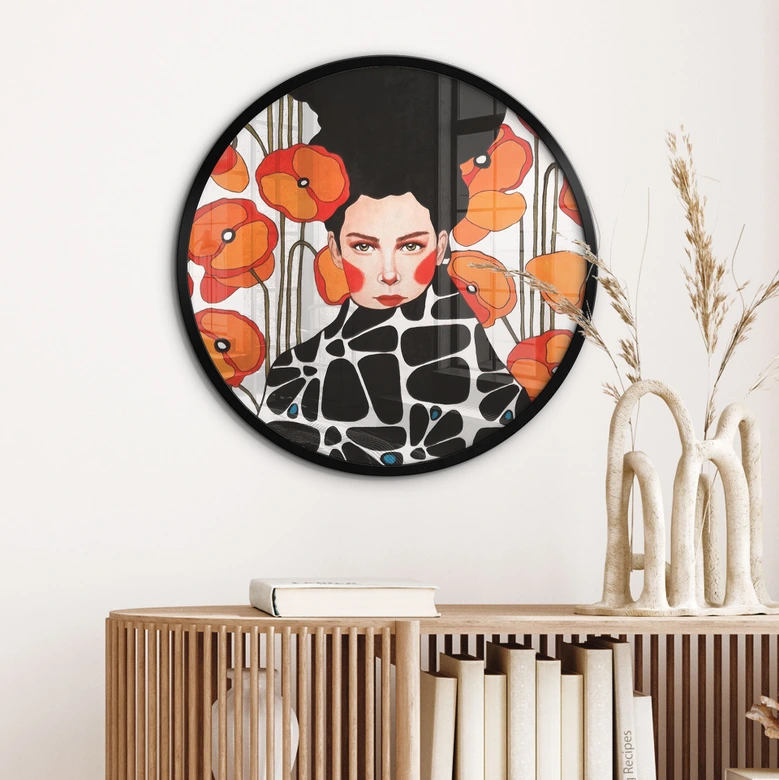 Plakat kvinde med retro valmueblomster - Hülya - Rund 