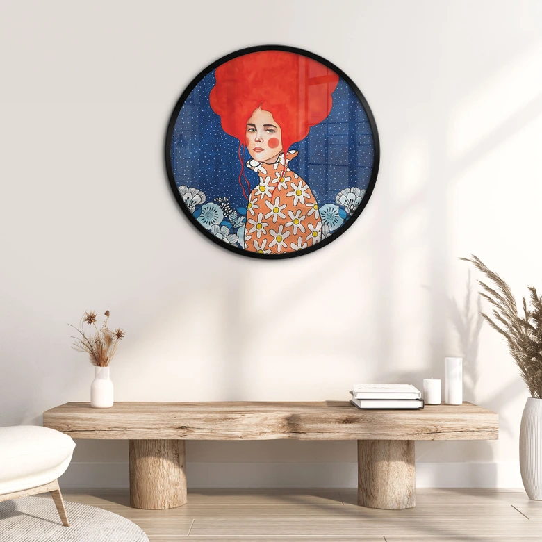 Poster Frau mit rotem Haar und Blüten - Hülya - Rund 