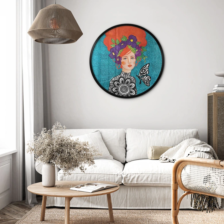 Poster Schmetterlingsfrau mit Blütenkranz - Hülya - Rund 