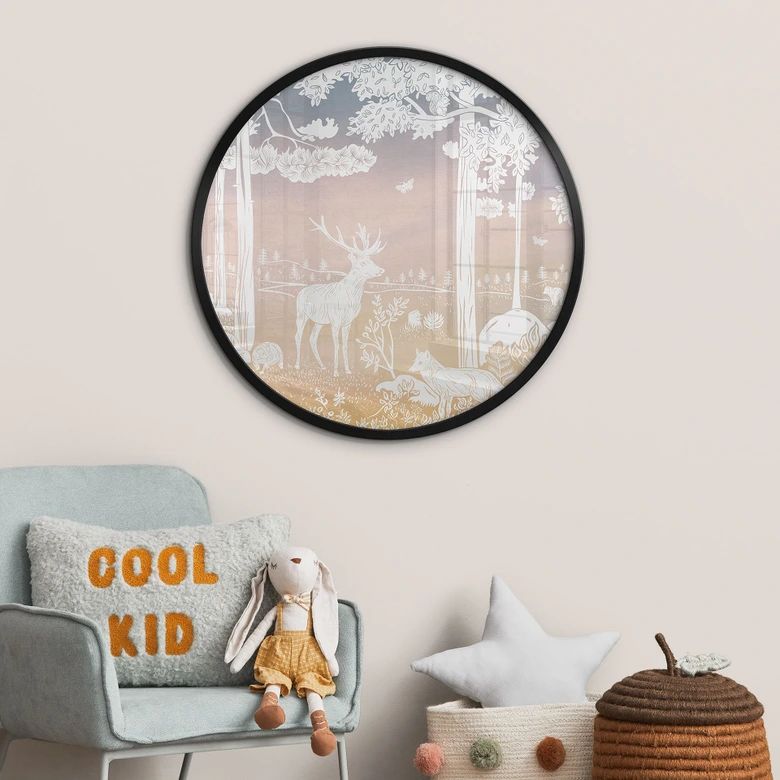 Poster Friedlicher Wald mit Hirschen und Füchsen - Ombre - Kikki Belle - Rund 