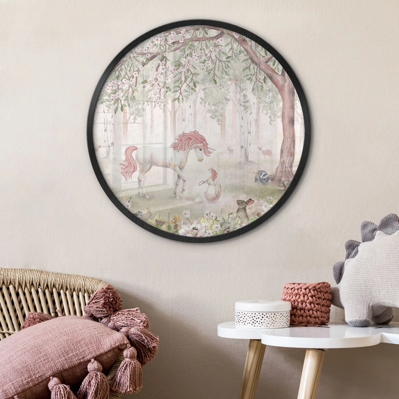 Poster Märchenhafter Wald mit Einhörnern - Kikki Belle - Rund 