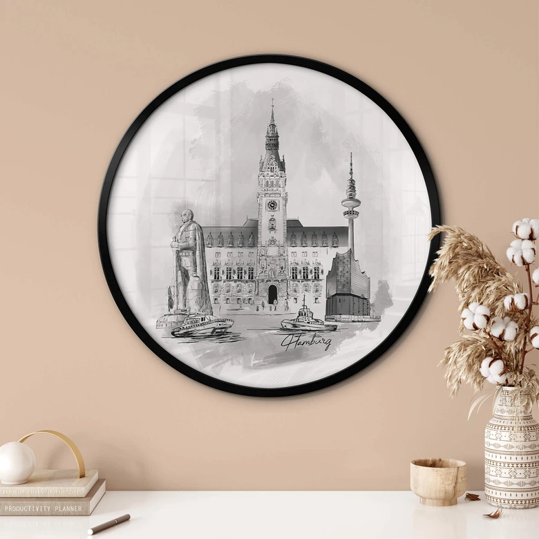 Ronde Poster Love your City - Hamburg zwart wit illustratie 