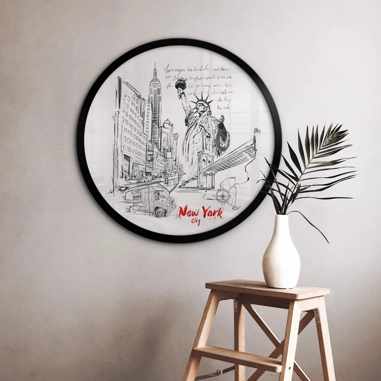 Poster New York - Freiheitsstatue - Schwarz-Weiß - Rund - Love your City 