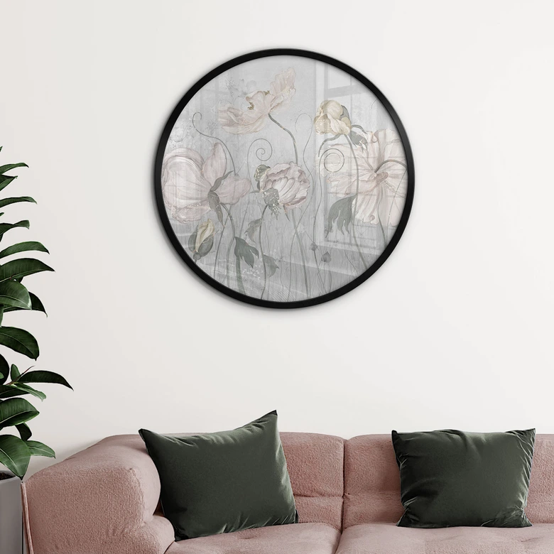 Poster Blumen im Vintage Stil in Grau - Ms Tiff - Rund 