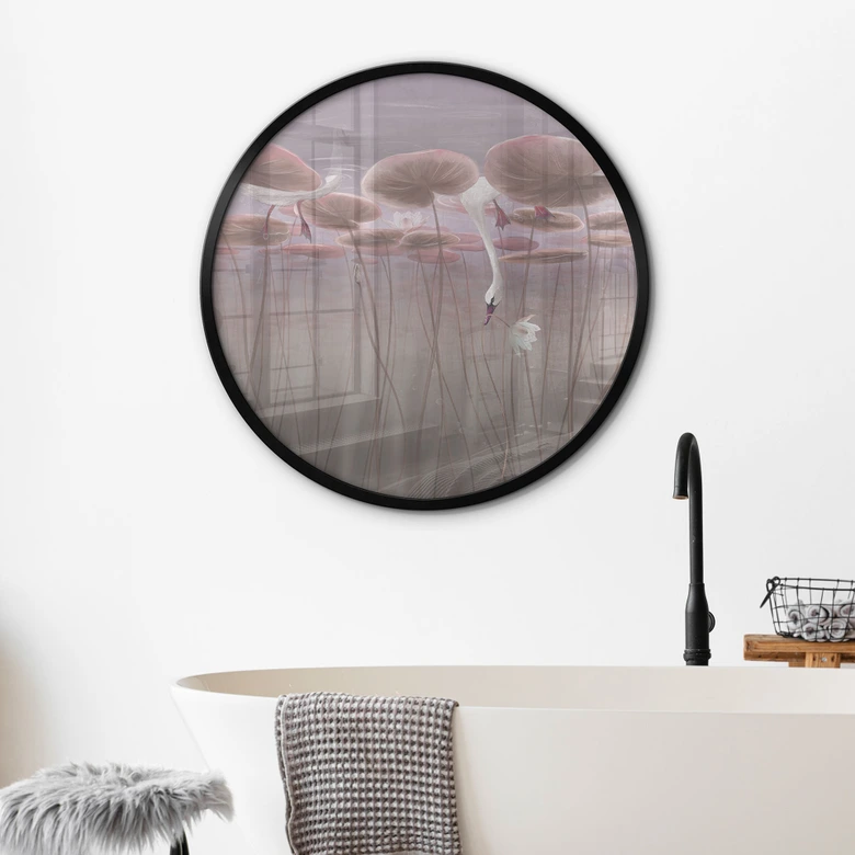 Poster lotusbloemen met zwaan in water in donkerroze - Ms Tiff - Rond 