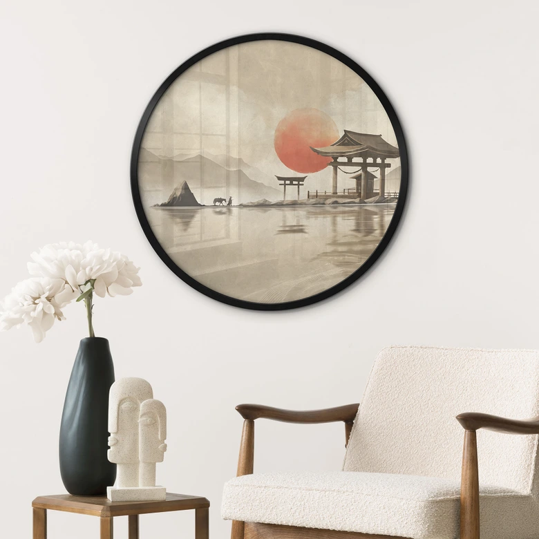 Poster Japanse tempel bij zonsopgang - Roze - Rond 